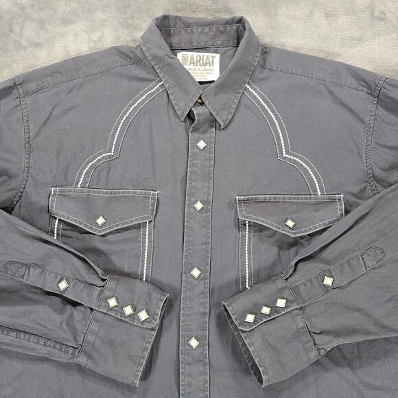 Ariat Shirt Men XL Gray Diamond Pearl Snap Western Flap Pocket Rockabilly Cotton - Picture 3 of 10